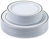 60 Plastic Plates with White and Silver Rim, Heavy...