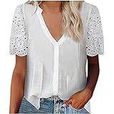 Womens Lace Short Sleeve Tops Button Up V-Neck...
